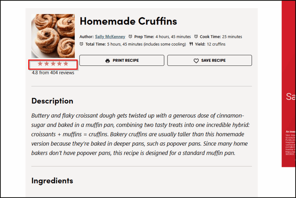 A screenshot highlighting the star rating section of a recipe.