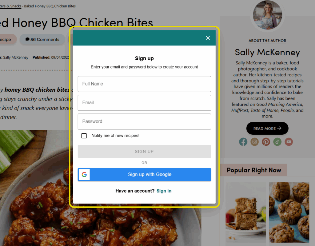 A screenshot of a "Sign up to favorite" modal with Name, Email, and Password forms. It's highlighted to indicate it does not trap keyboard focus.