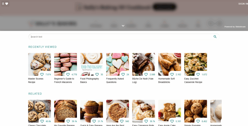 A screenshot of a search overlay with a "Sign In" button, a search input, a "Recently Viewed" section with several posts, and a "Related" section with several posts visible. 