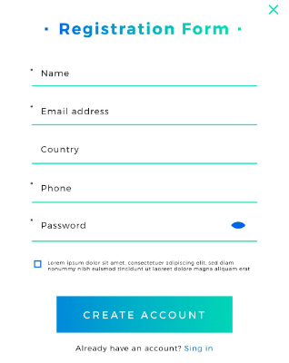 A screenshot of a Registration Form with a Name, Email address, Country, Phone, and Password fields using placeholders as labels instead of semantic labels.