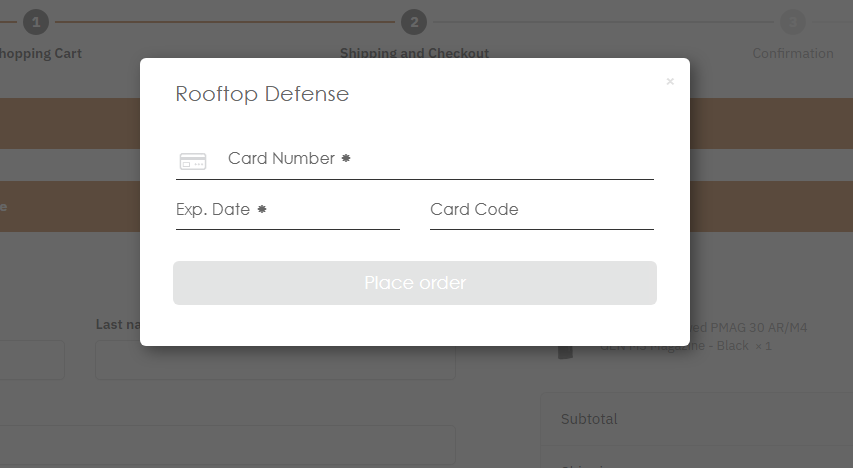 A screenshot of modal consisting of a payments form (hosting input for Card number, expiration date, card code, and a Place Order button).