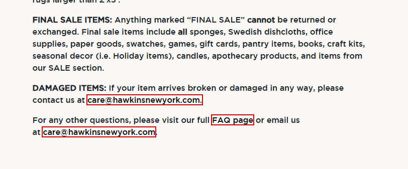 A screenshot of text. Three links are outlined in red to highlight which text is a link as there is no visual difference.