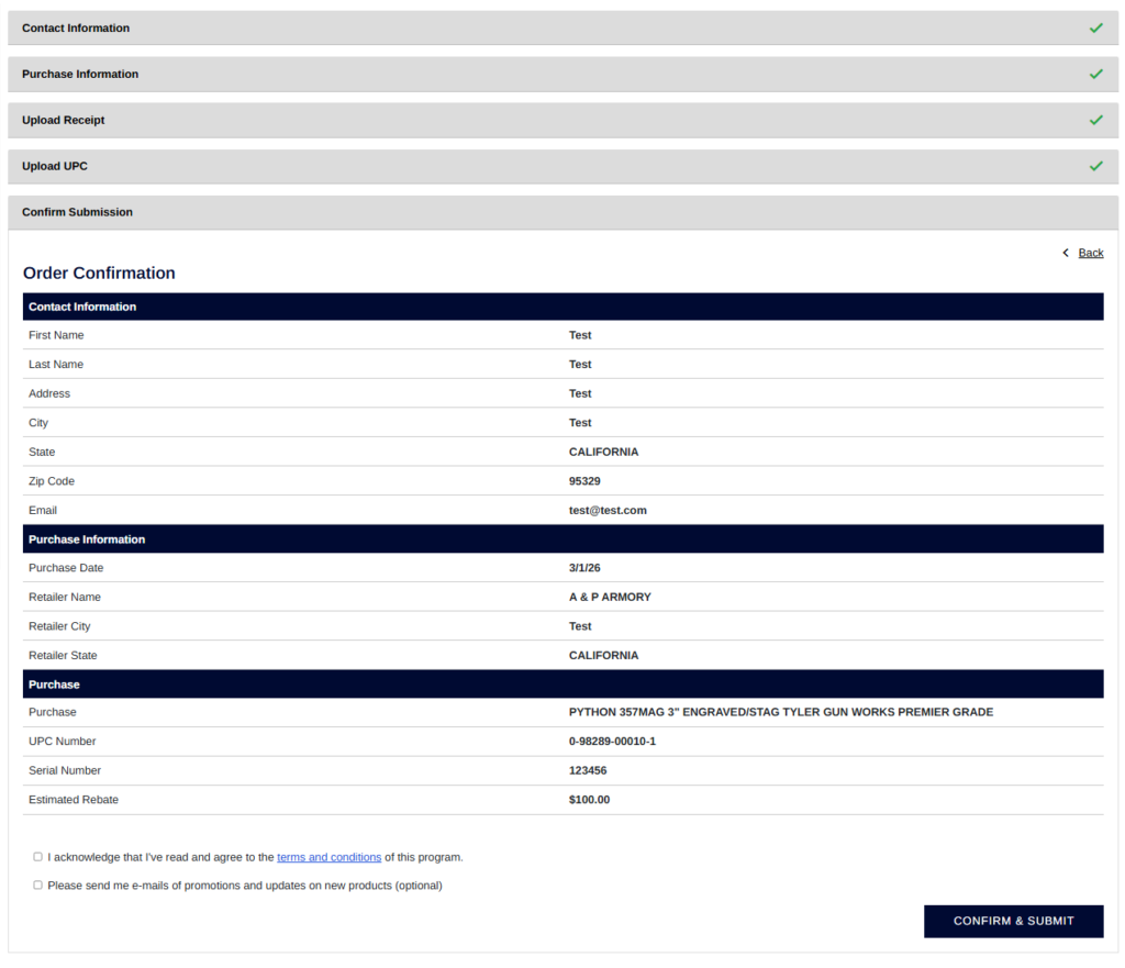 A screenshot of a form with 5 expandable sections. The fifth and final section is expanded depicting an "Order Confirmation" table listing out the information the user input throughout the form for review. After the table are two checkboxes for consenting to Terms and Conditions and consenting to sign up for the newsletter.