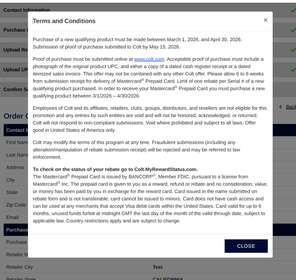 A screenshot of a Terms and Conditions modal.