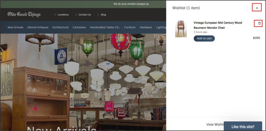 A screenshot of a Wishlist drawer modal expanded with the "Delete item" and "Close modal" buttons outlined.