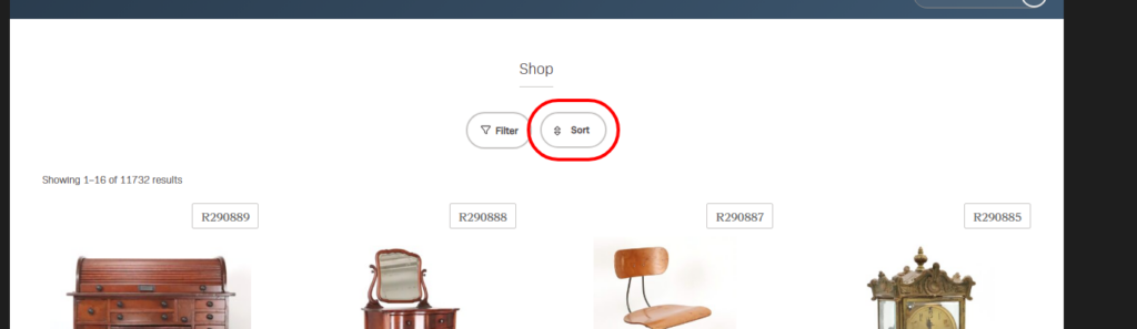 A screenshot of a shop page with the "Sort" select outlined.