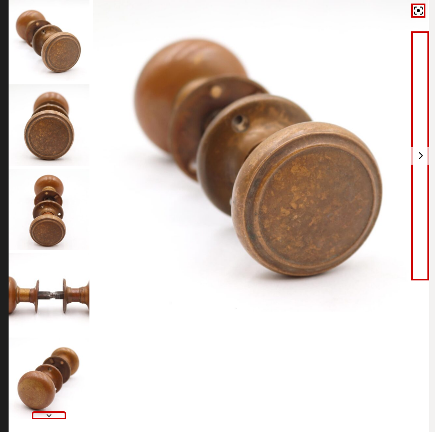 A screenshot of a product image gallery. The enlarge images icon, the next image icon, and the scroll through images icon are all outlined.