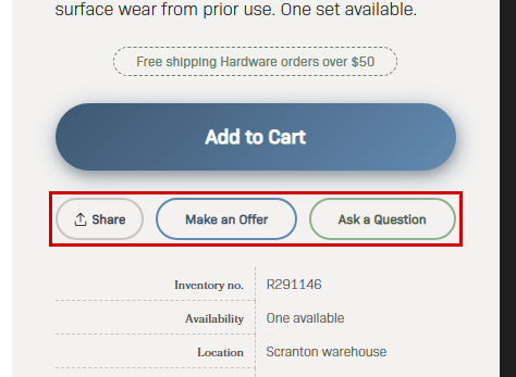 A screenshot of a product description with 3 buttons outlined: Share, Make an Offer, and Ask a Question. These buttons use link tags but launch a modal.
