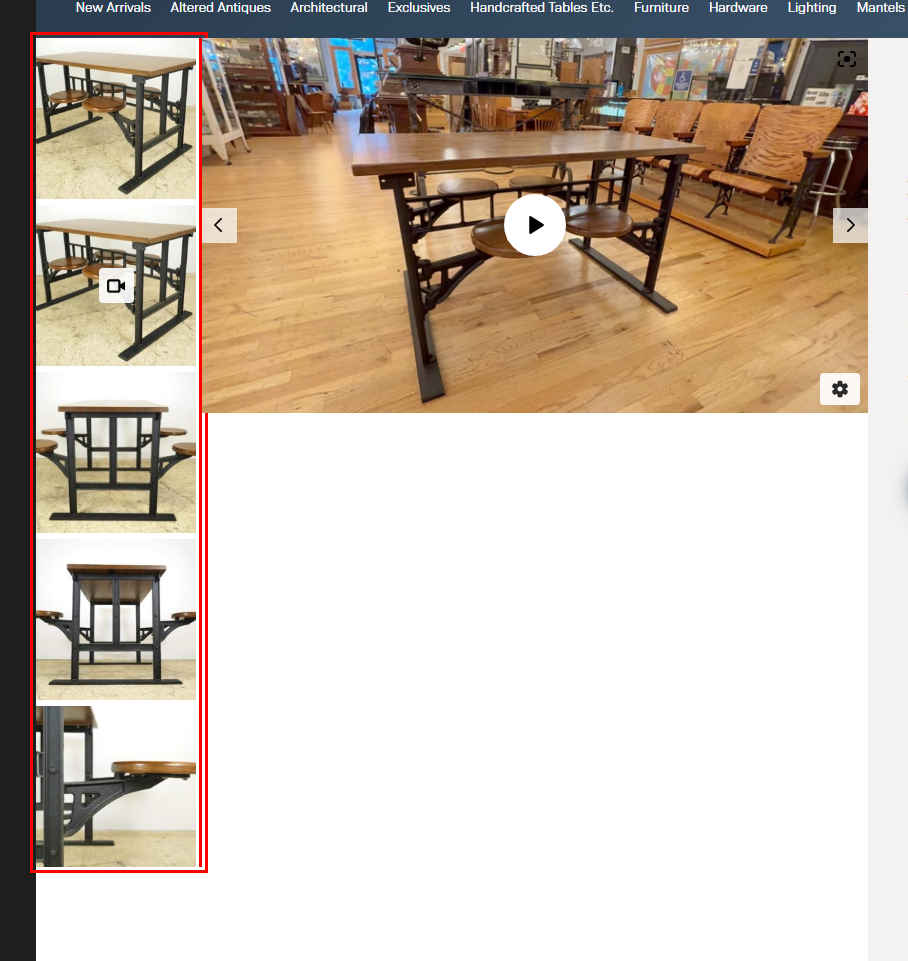 A screenshot of a product gallery with one large image and a carousel of clickable thumbnail images to click to enlarge. The thumbnails are outlined.