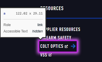 A screenshot of a link "Colt Optics" with an accessibility tooltip depicting it is marked "hidden".