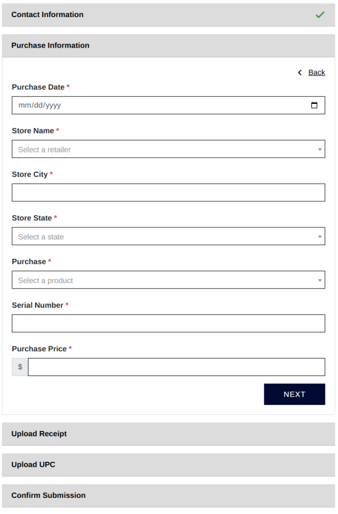 A screenshot of 5 form sections formatted as accordions. The second section is expanded, depicting form fields and a "Next" button that would expand the third section and collapse the second.