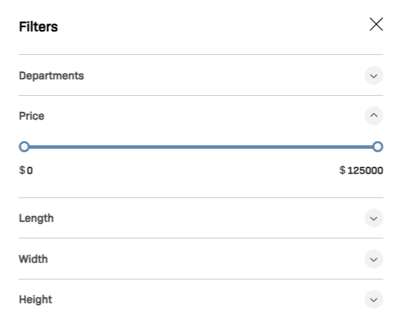 A screenshot of a product filter. Each category is a collapsed accordion with the except of "Price" which contains a min/max slider that allows mouse users to drag dots in order to set a price range between $0 and $125,000 USD.