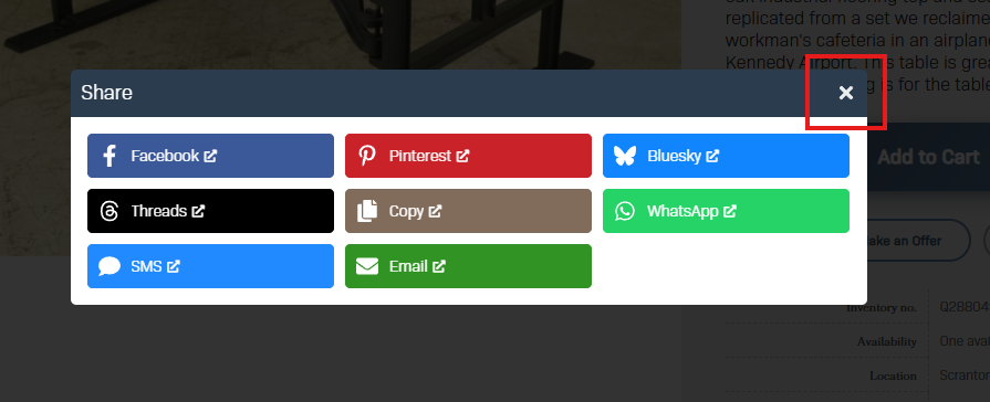 A screenshot of a social media "Share" modal depicting several social media options. The modal "close" button is outlined.