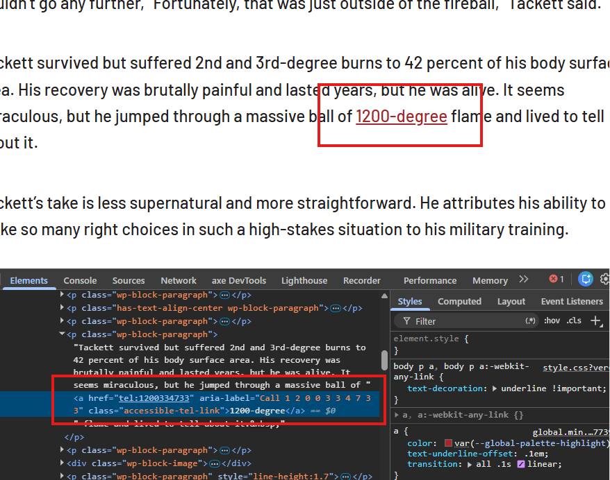 A screenshot highlighting a link that says "1200-degree" and also showing the inspector showing the link being interpreted as phone number.