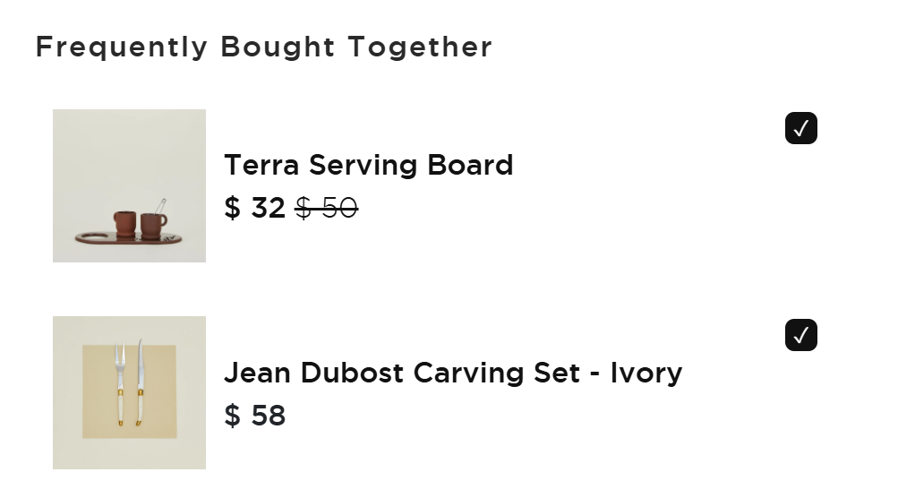 A screenshot of a "frequently bought together" section featuring a product image, name, price, and a checkbox to include/exclude it.