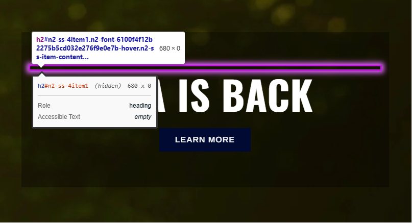 A screenshot of a slider, highlighting an empty heading using dev tools.